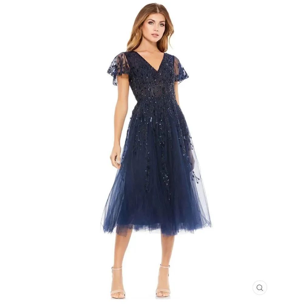 Mac Duggal Size 10 Midnight Blue Sequin Beaded V Neck Tea Length Midi Dress Gown